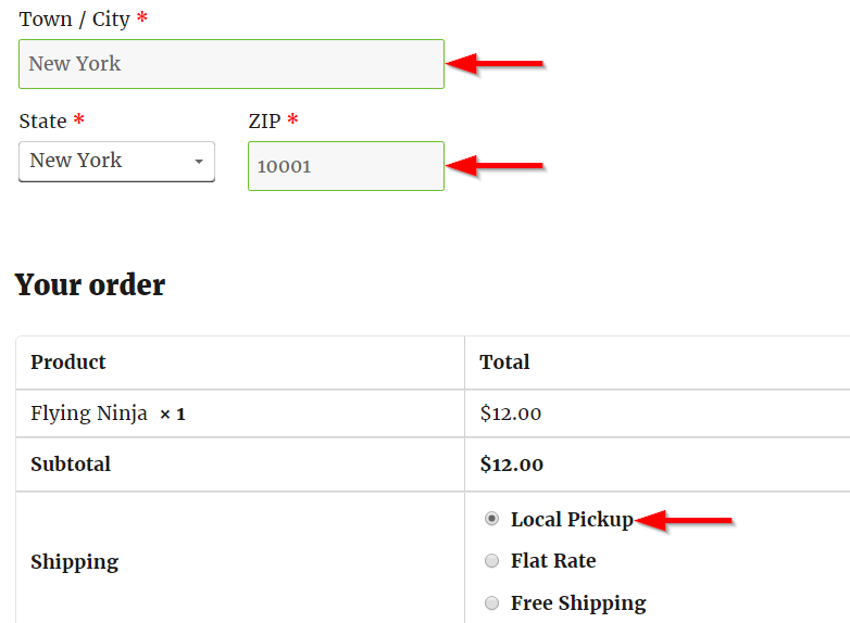 Shipping method display changing according to the customer's address