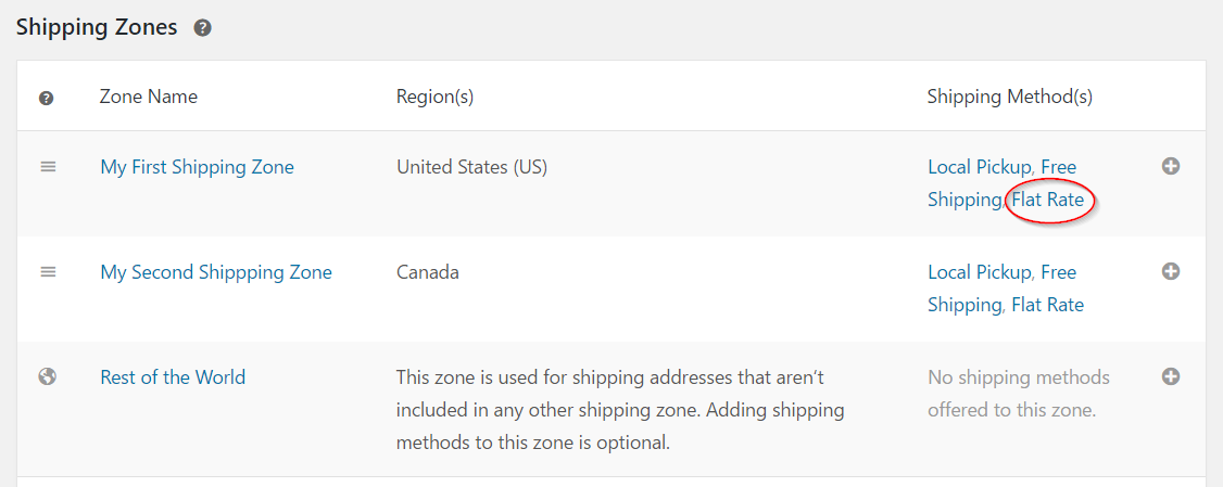 Selecting flat rate settings from shipping zones list