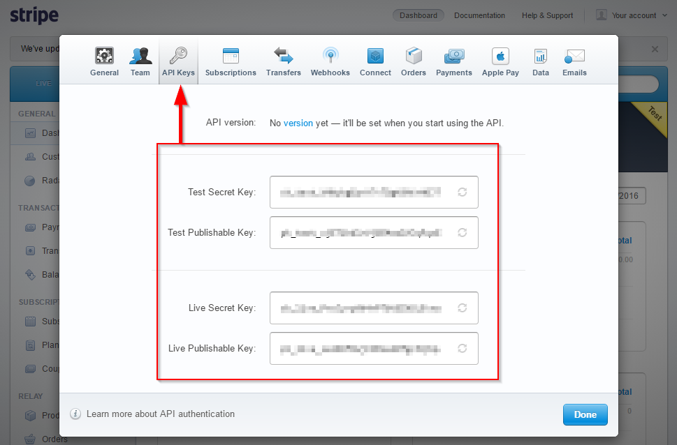 Copying Stripe API keys