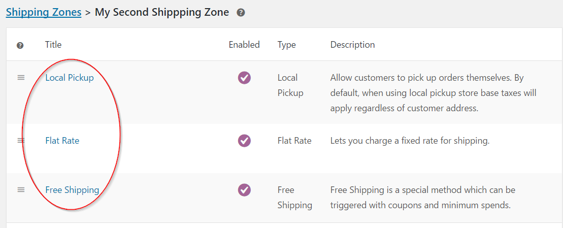 Default shipping methods for the second zone