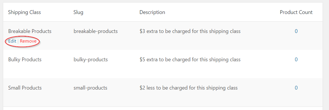 Editing or removing a shipping class