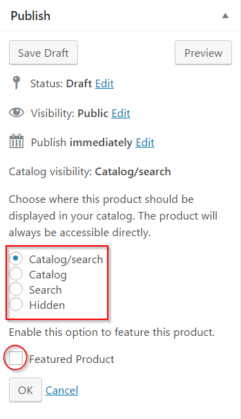 Catalog settings for the product