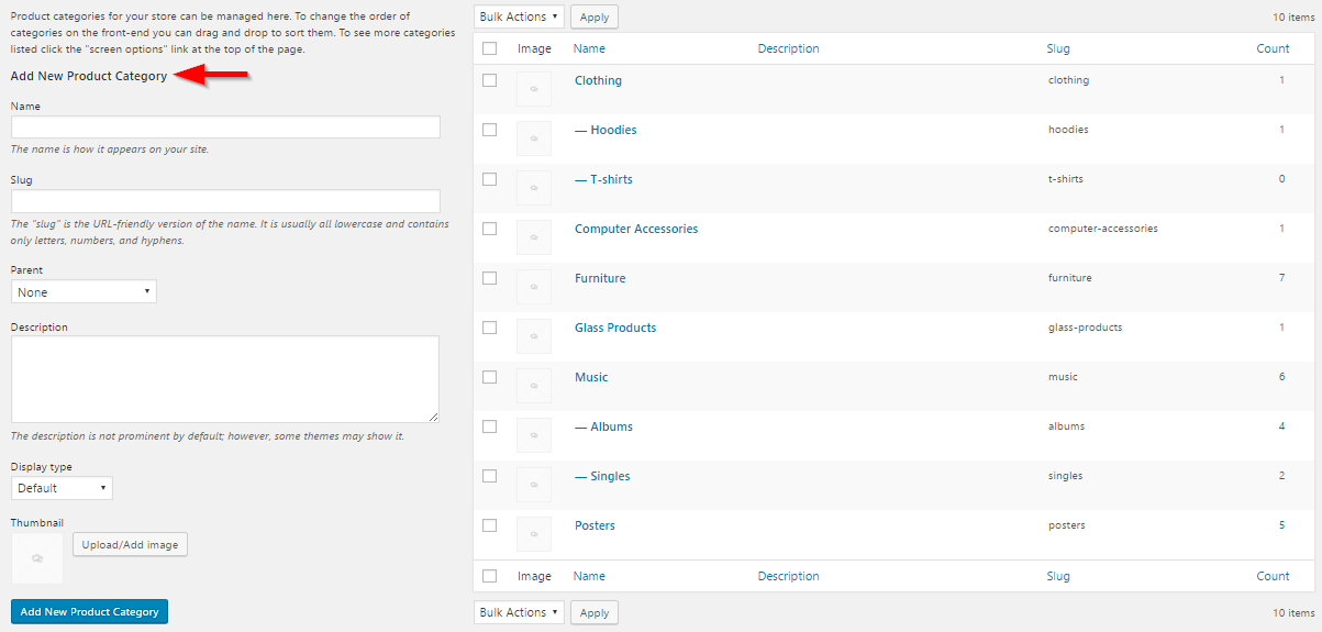 Settings page for categories