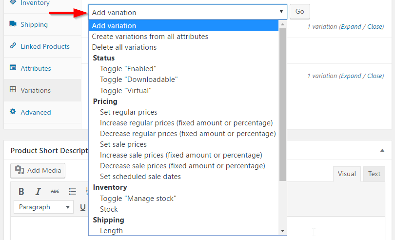 Bulk editing a variable product