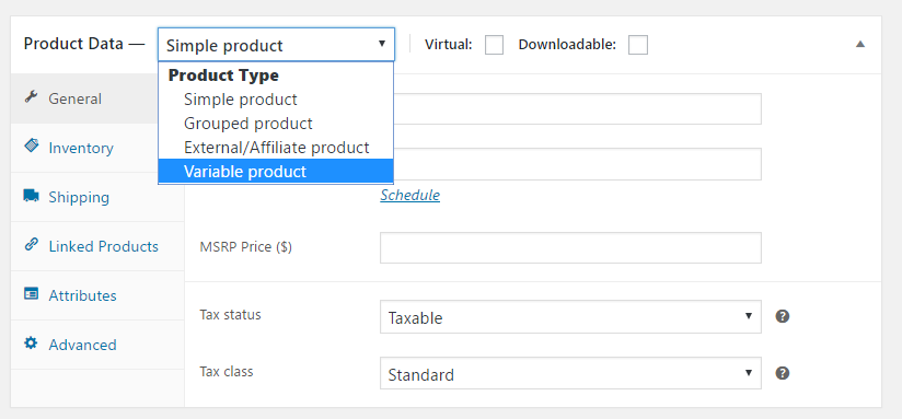 Selecting product type