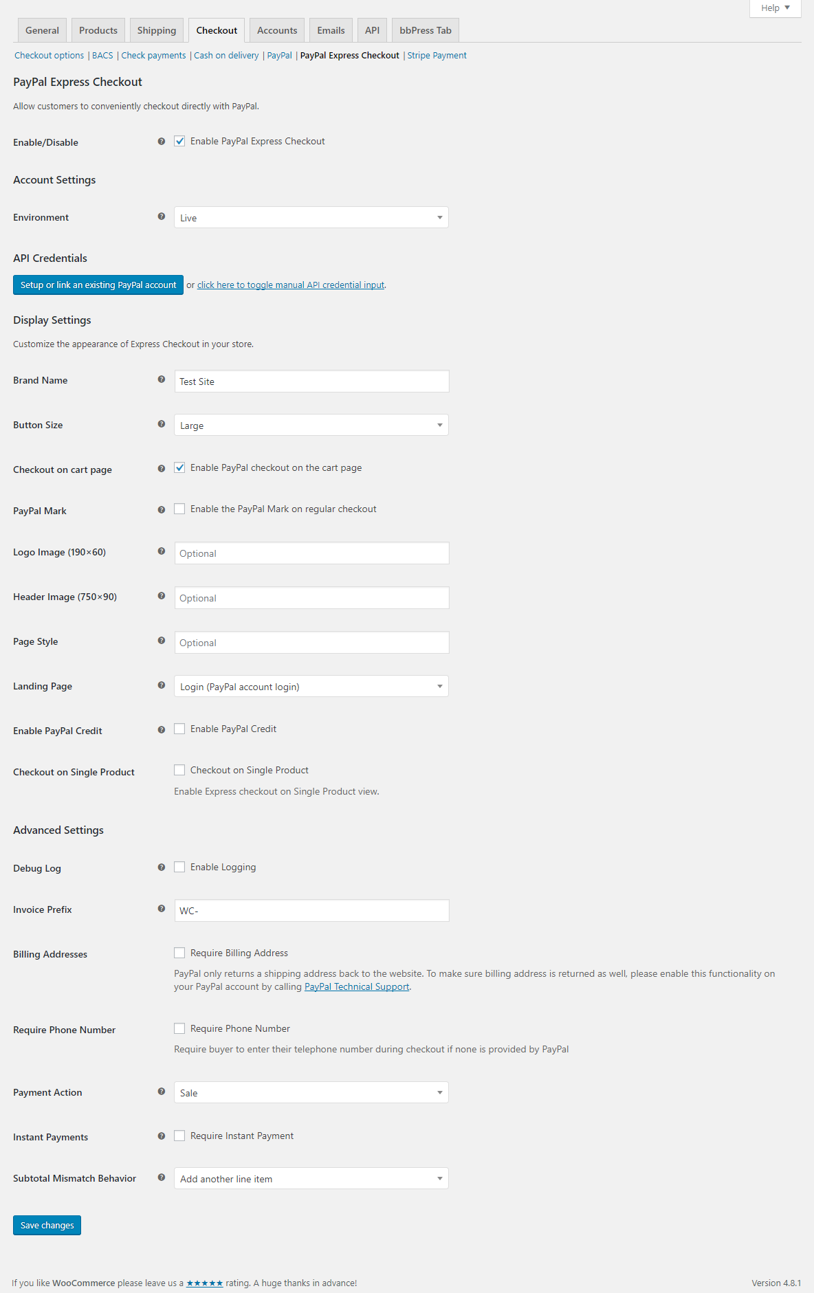 PayPal Express checkout settings page