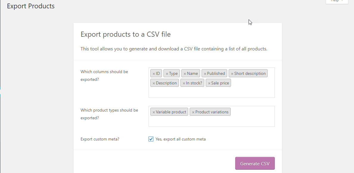 Select the required fields and product types to export