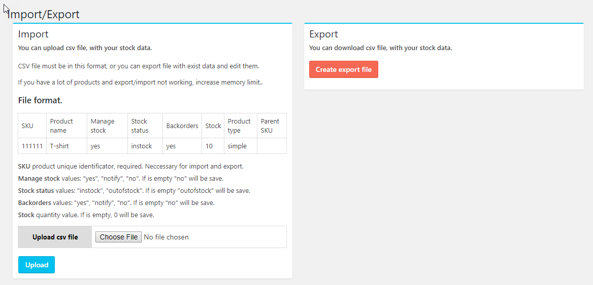 The import/export feature helps to update stock status from a csv file