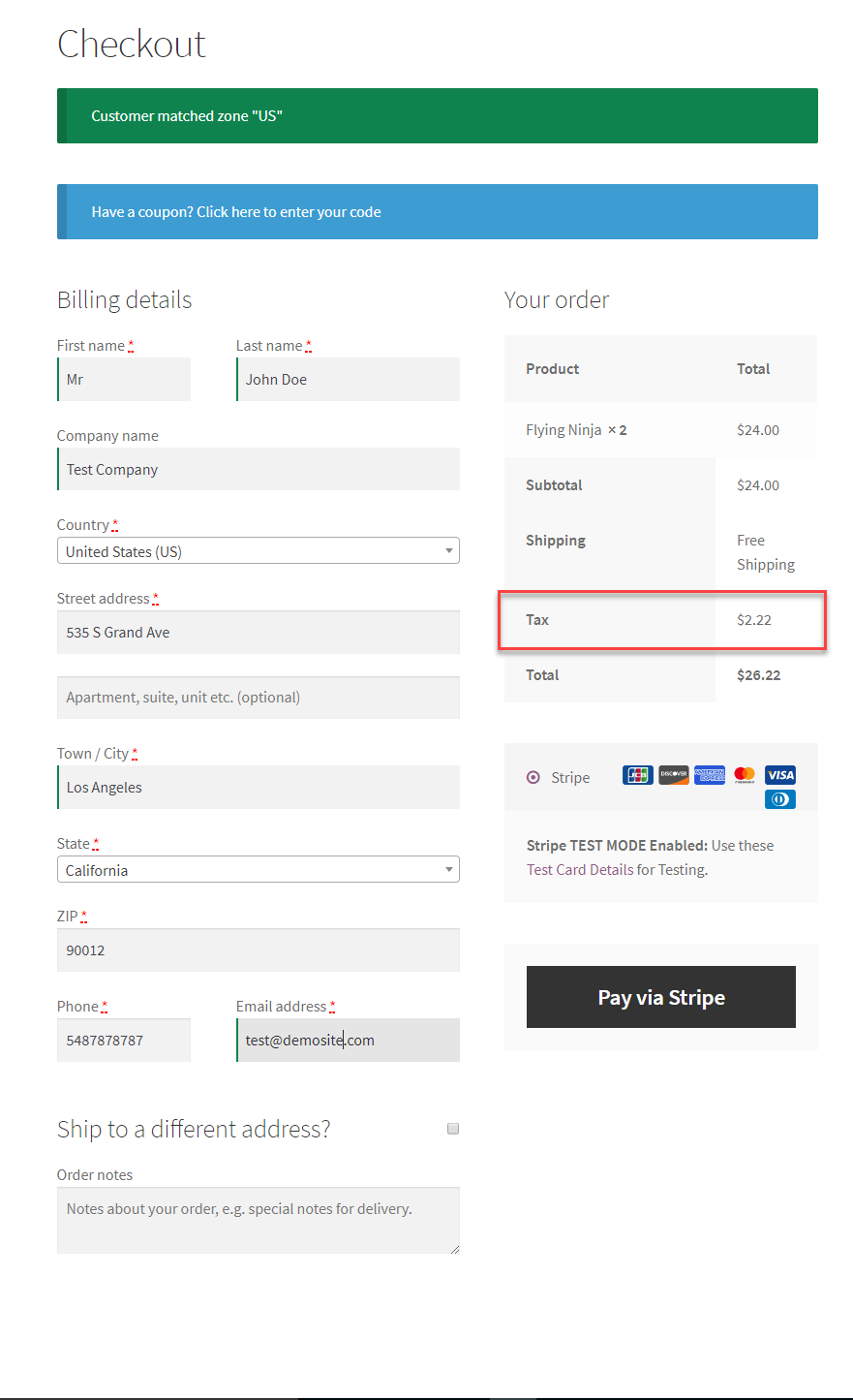 Tax calculations are accurately displayed on the checkout page as well