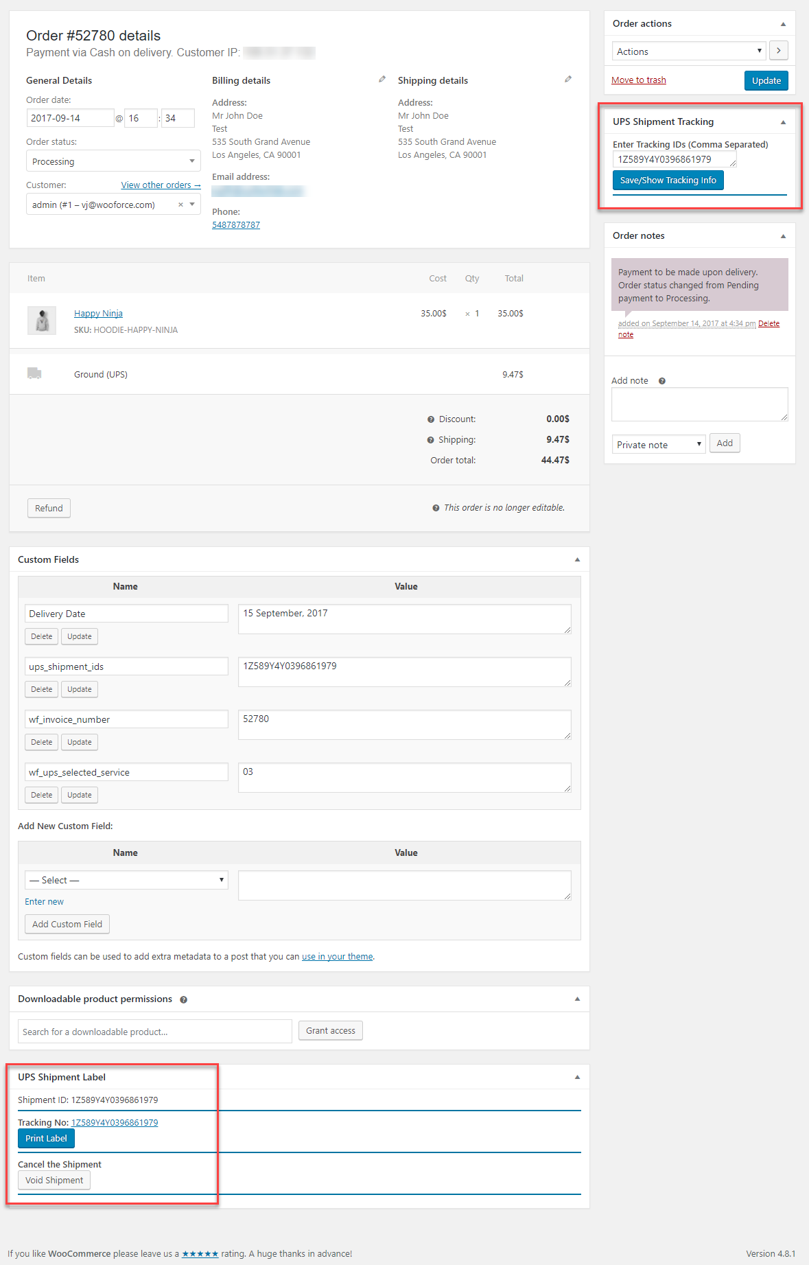 The order details page has tracking information and a button to print shipping label