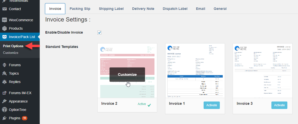 Access Customize page from Print options too