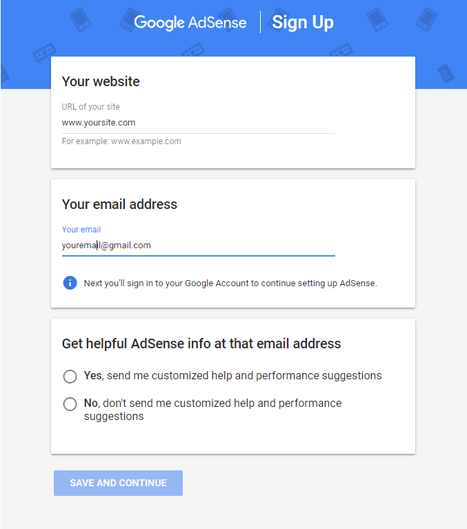 Image depicting the AdSense signup screen as the first step for WordPress AdSense integration