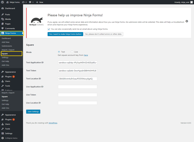 Screenshot of plugin settings page of Ninja Forms Square plugin