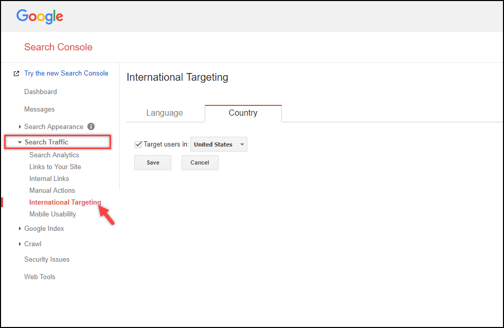 Optimize WordPress - Google Search Console | International Targeting