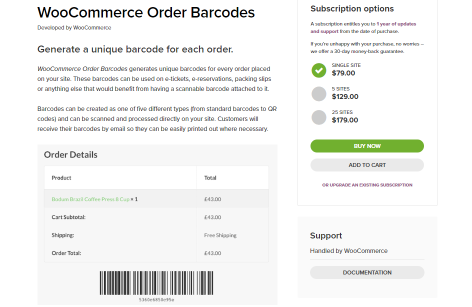 Screenshot for Order barcodes plugin included in the WooCommerce bookings plugin article