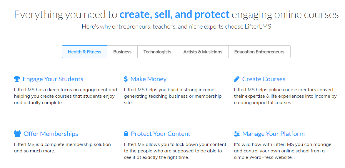 screenshot of LifterLMS, WordPress Learning management system
