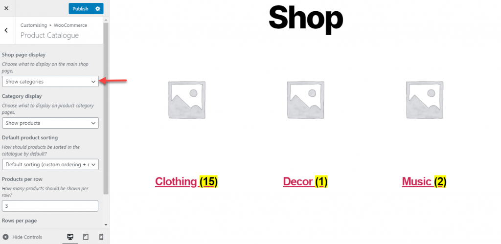 show categories on shop page