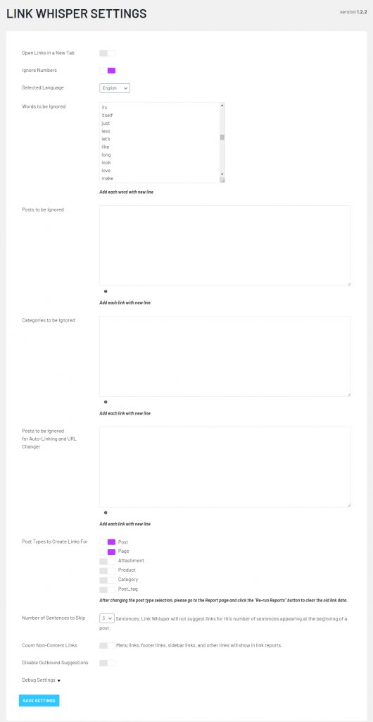 Link Whisper settings page - LearnWoo