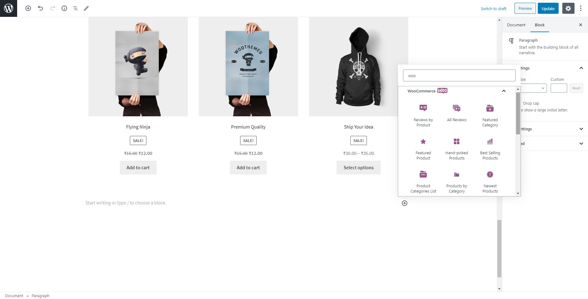 image of a hoodie and poster on a WooCommerce shop page