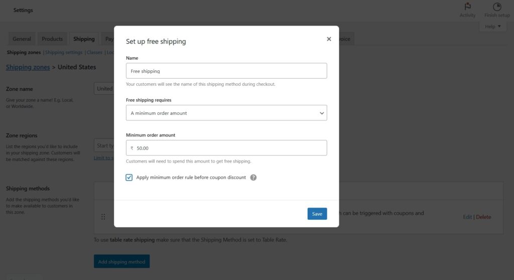 Minimum order amount for free shipping
