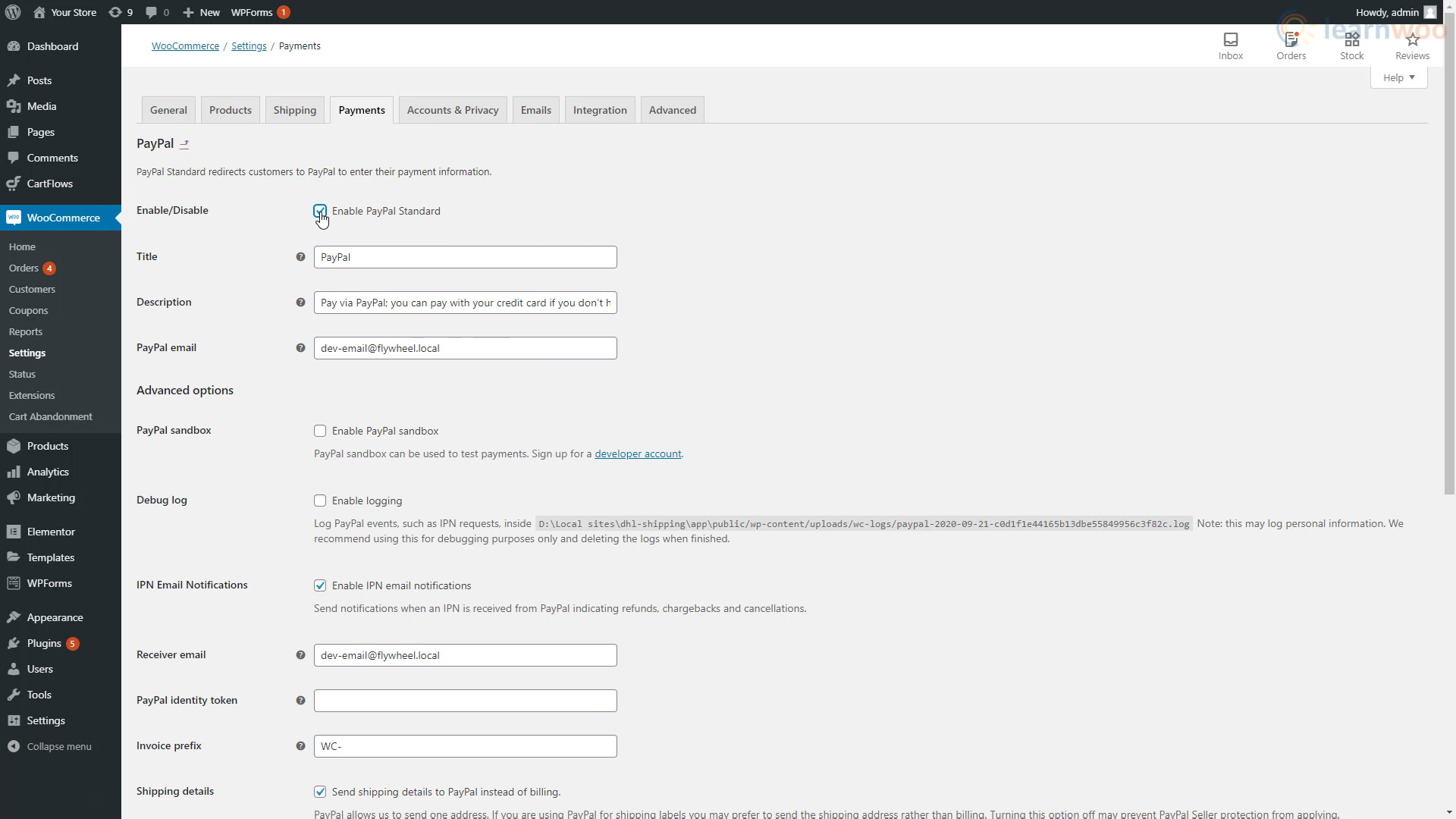 WooCommerce PayPal payment settings