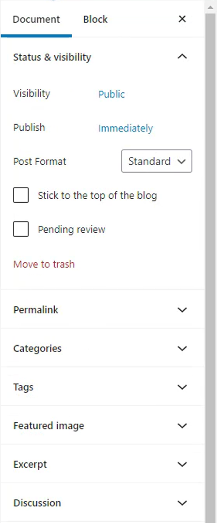 document settings in WordPress Block Editor