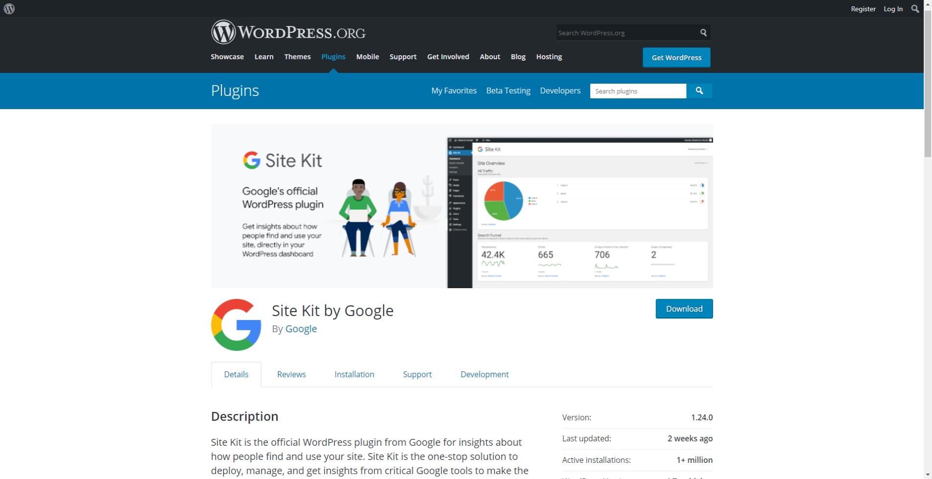 Site kit by Google plugin page