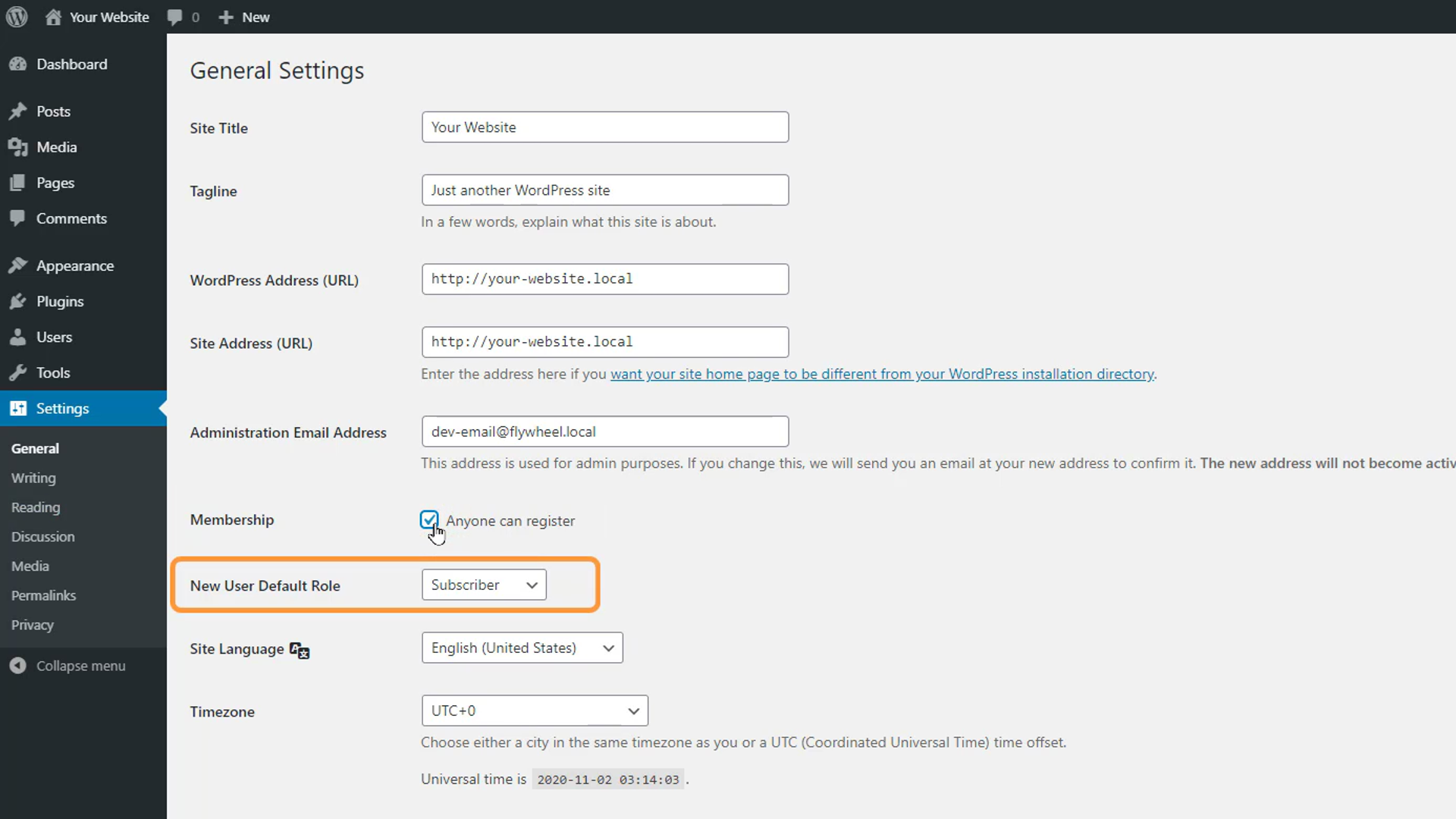 WordPress login and registration settings