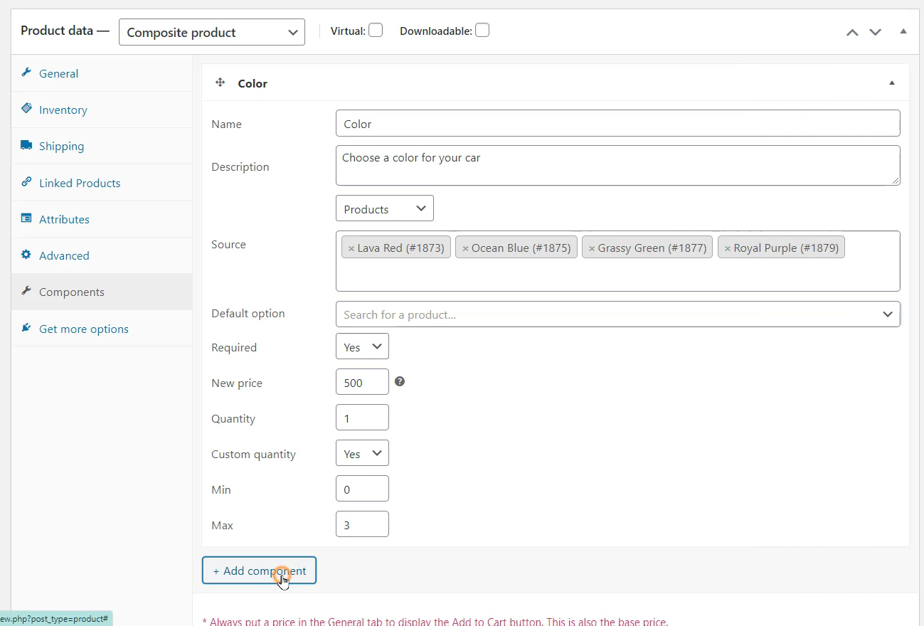 Adding woocommerce composite products components