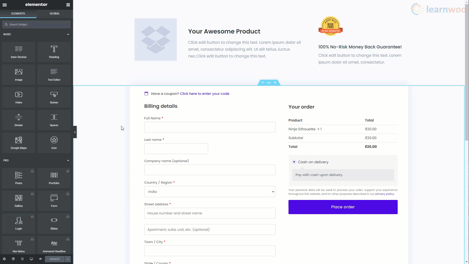 elementor checkout page