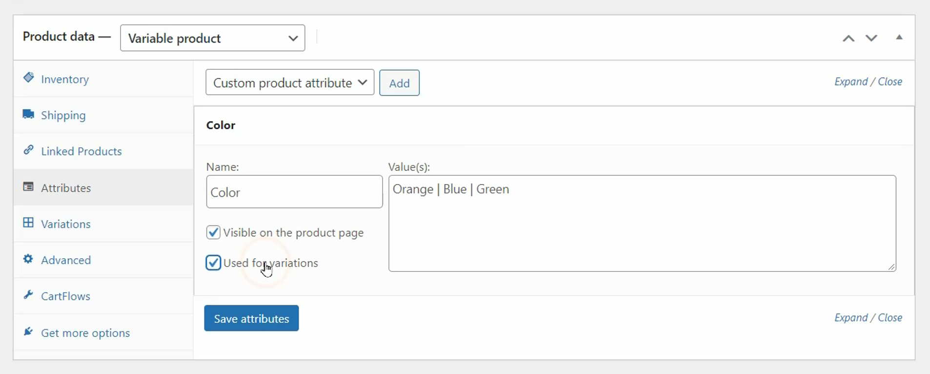 variable products attributes