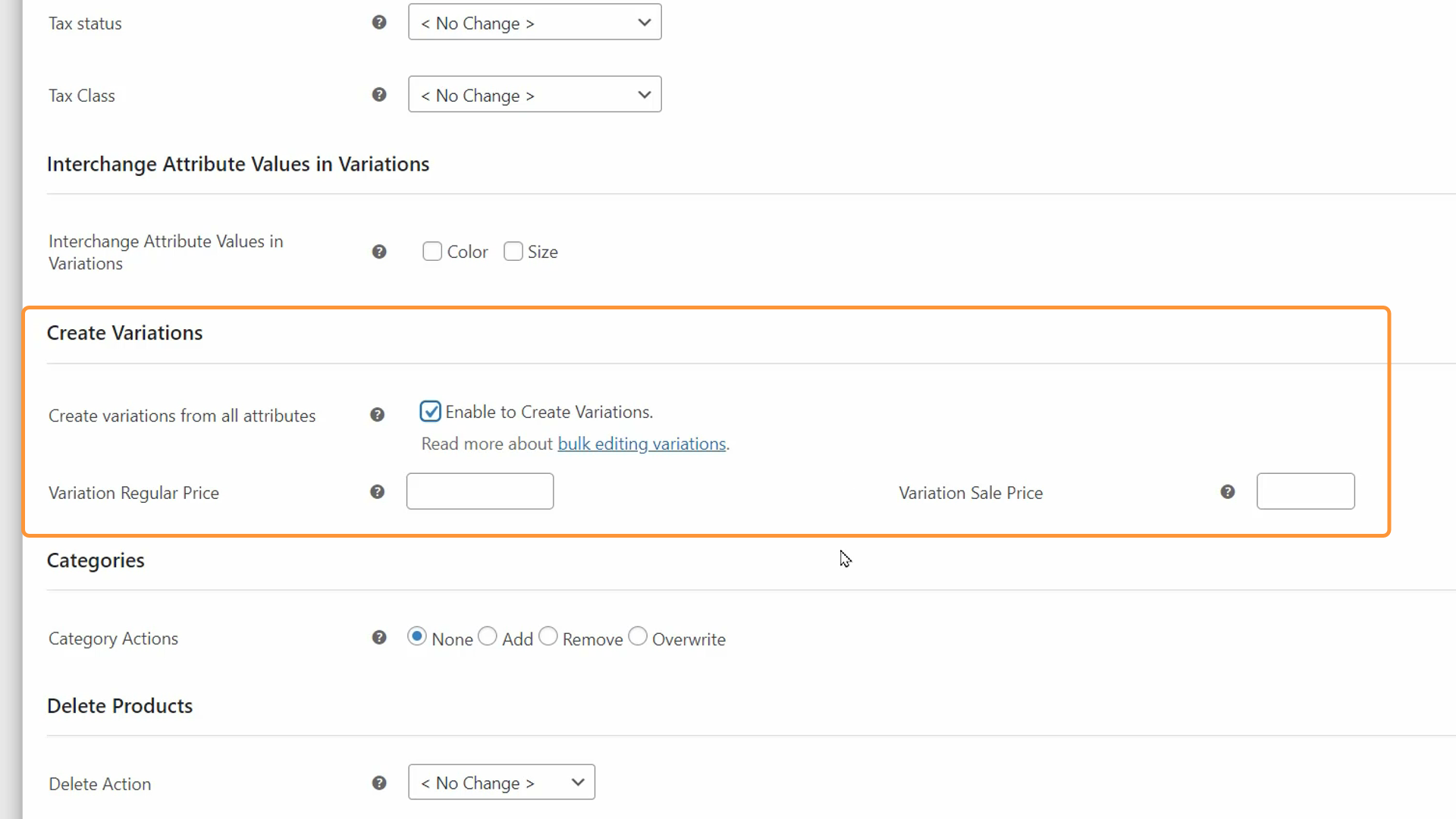 Creating product variations in bulk