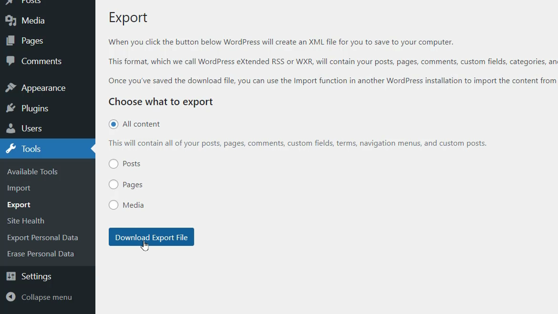 Exporting wordpress content