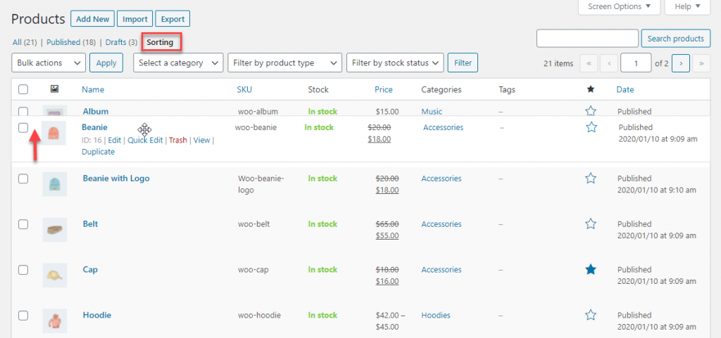 Reorder products in wooCommerce