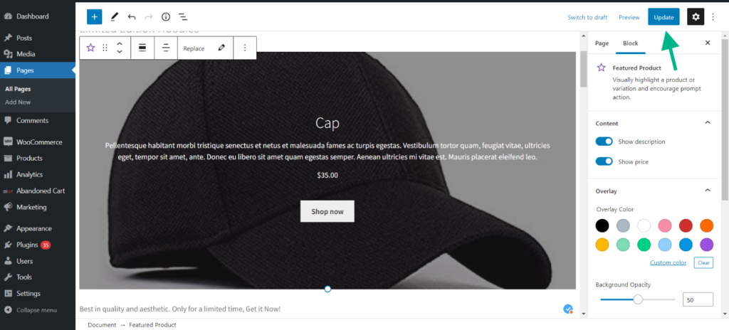 Example of the featured block with cap as a featured product.