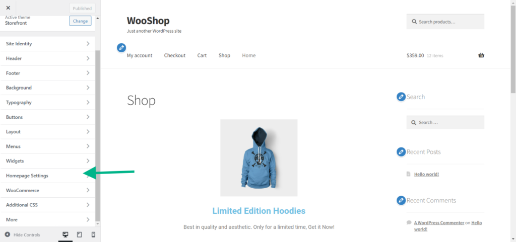 WooCommerce customizer 'Homepage Settings'