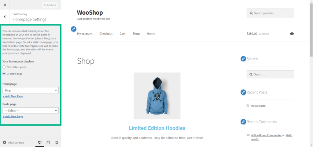 WooCommerce customizer 'Homepage Settings' options.