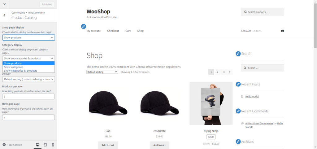 WooCommerce customizer 'product catalog' settings options