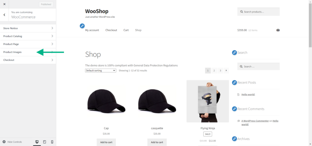 WooCommerce customizer 'product images' settings.