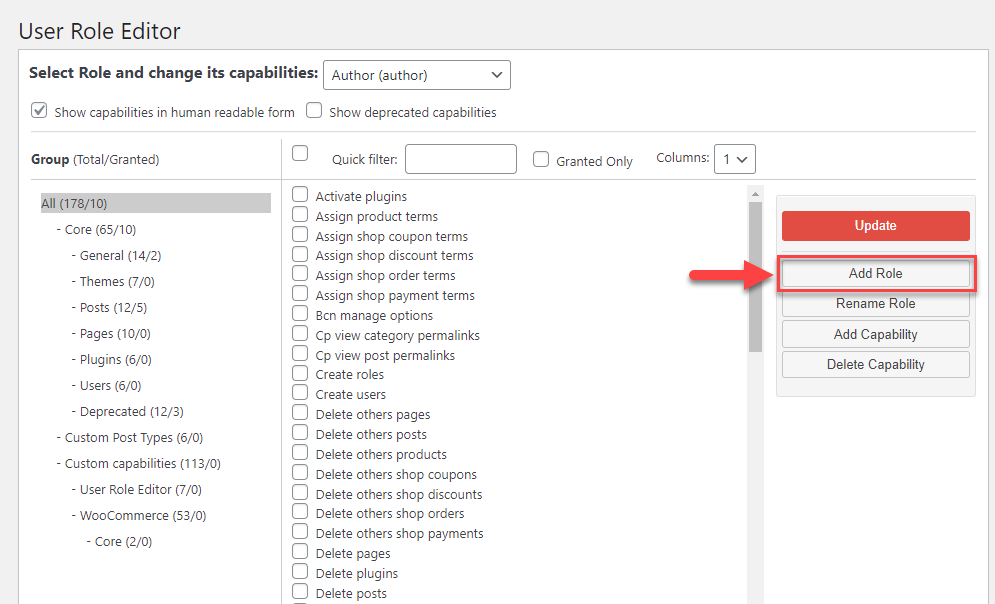screenshot highlighting the Add role button for User Role Editor plugin