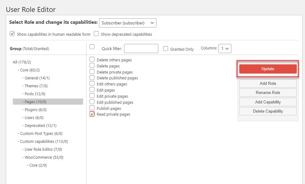 Screenshot of updating capabilities for a role using User role Editor plugin