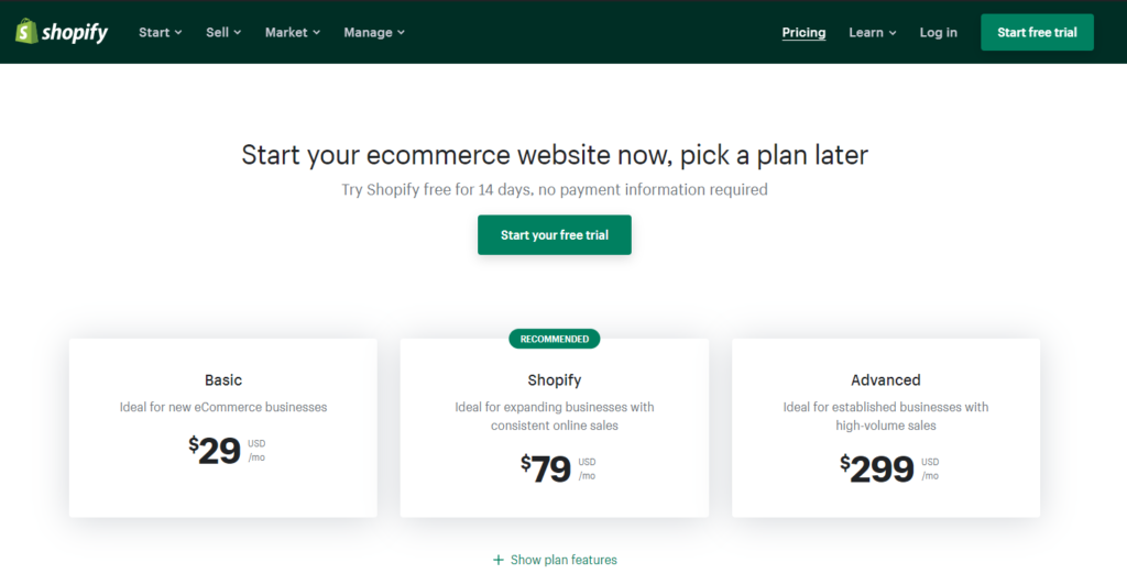Shopify pricing page.