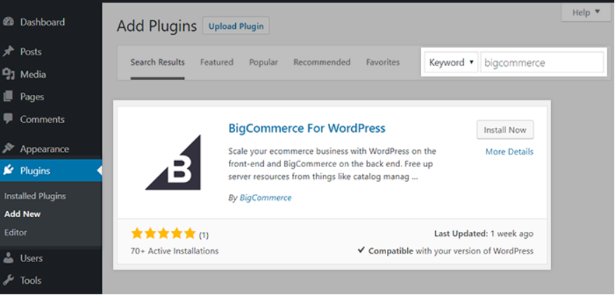 Big Commerce for WordPress plugin installation.