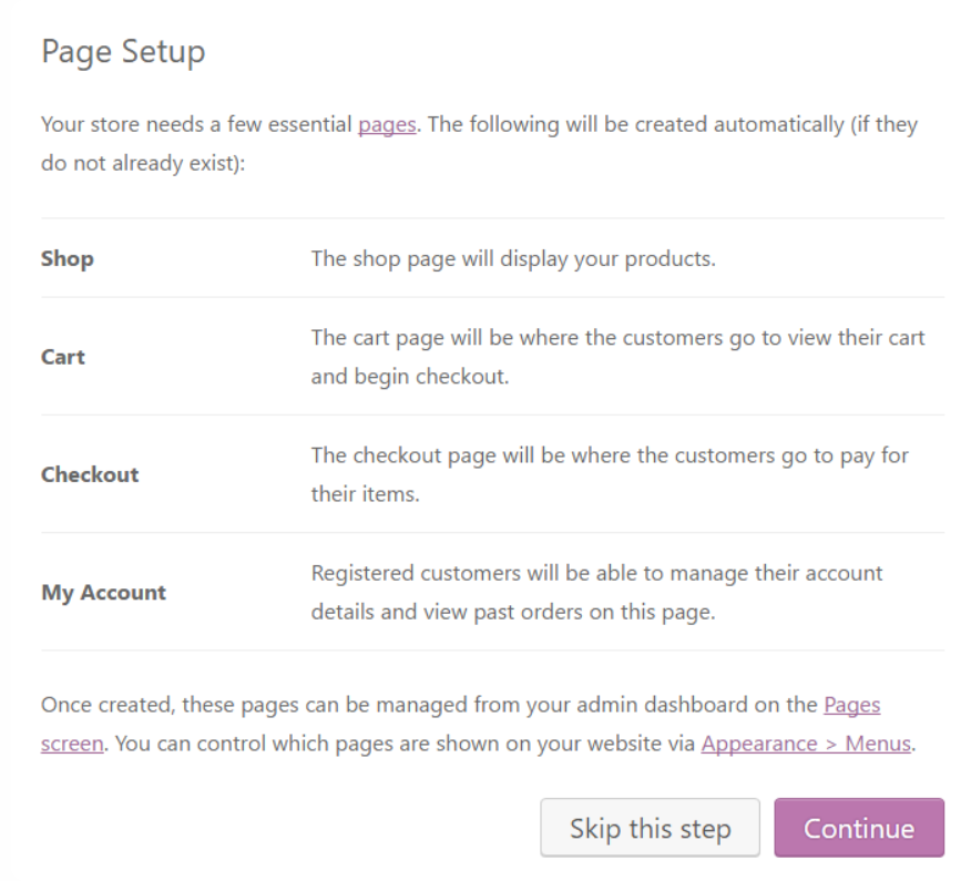 WooCommerce setup wizard creating pages.