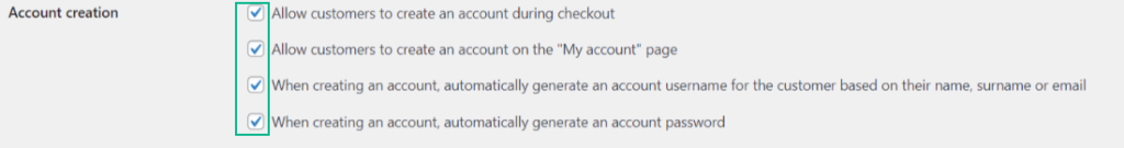 Account creation settings.