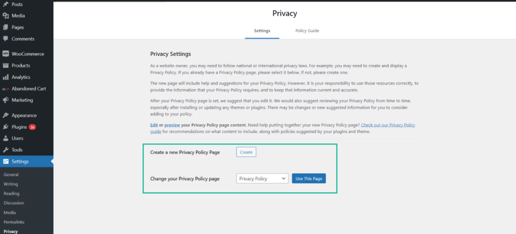 Privacy policy page creation.