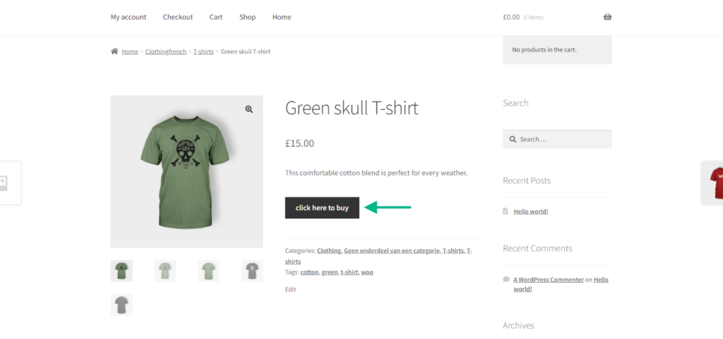 Green skull T-shirt Affiliate product page with buying link preview.