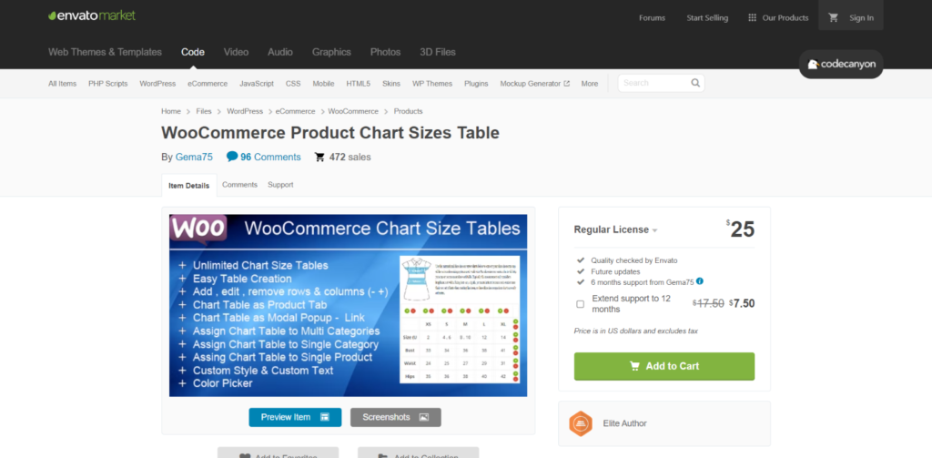 WooCommerce product chart sizes table plugin.