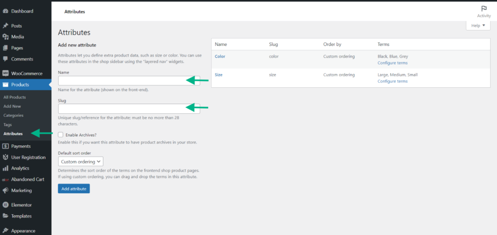 attributes settings