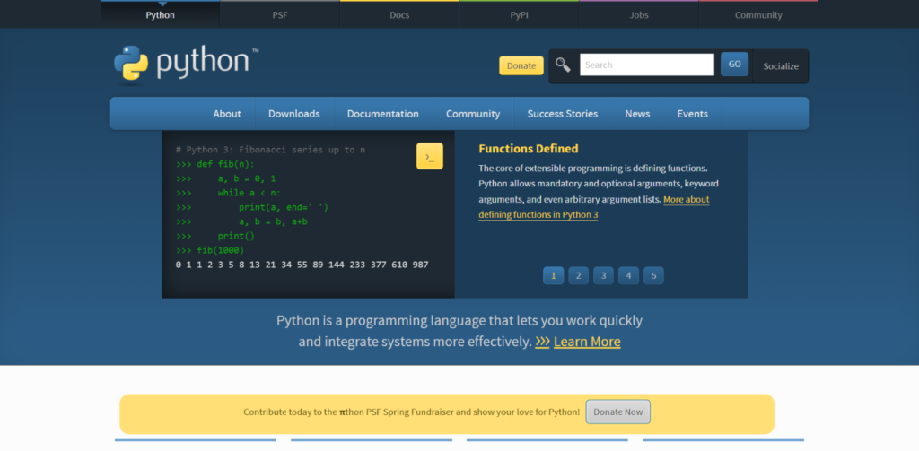 Python language landing page.